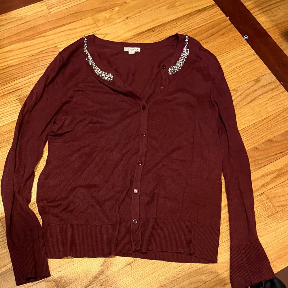 Merona Maroon Cardigan with Beaded Collar